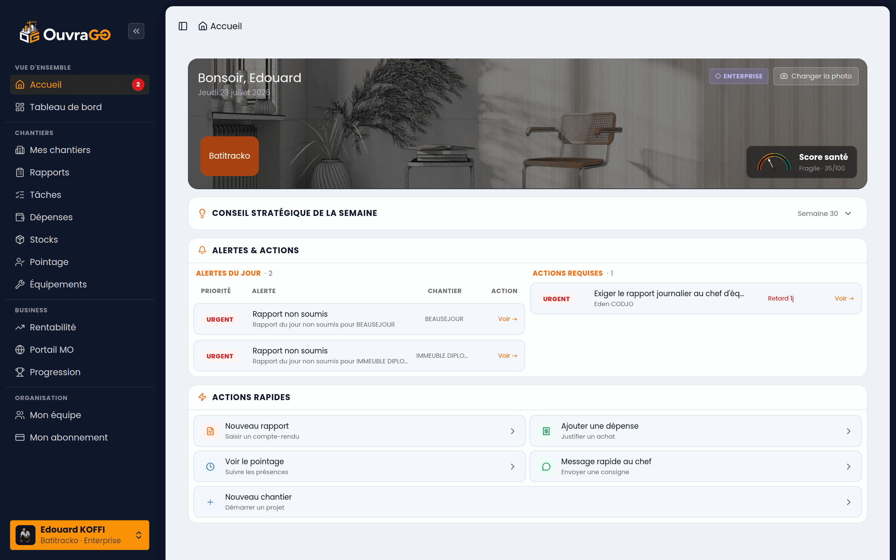 Page Accueil Boss, Score santé et alertes du jour