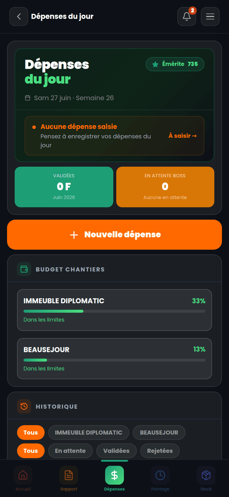 Application chef de chantier, dépenses
