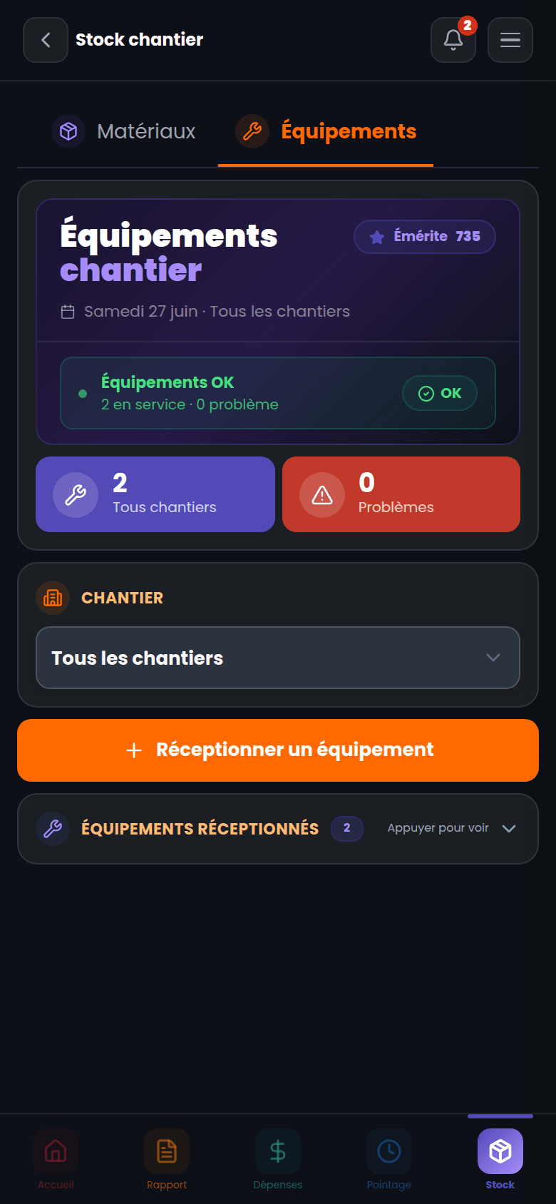 Application chef de chantier, onglet Équipements