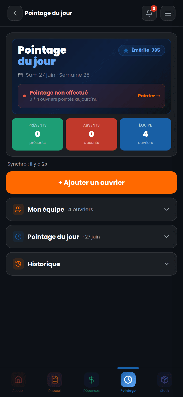 Application chef de chantier, pointage