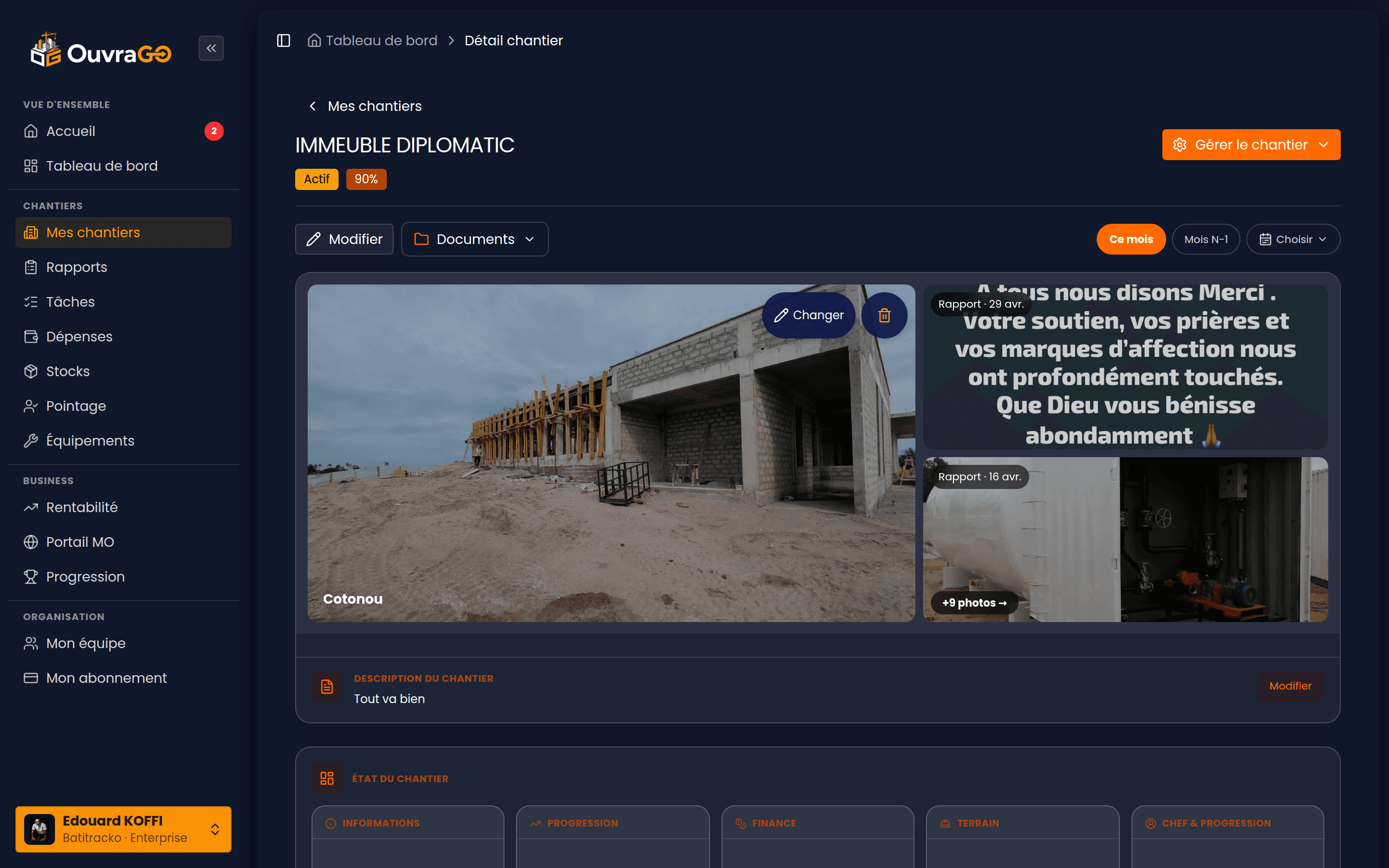 Fiche chantier, état du chantier en 5 cartes