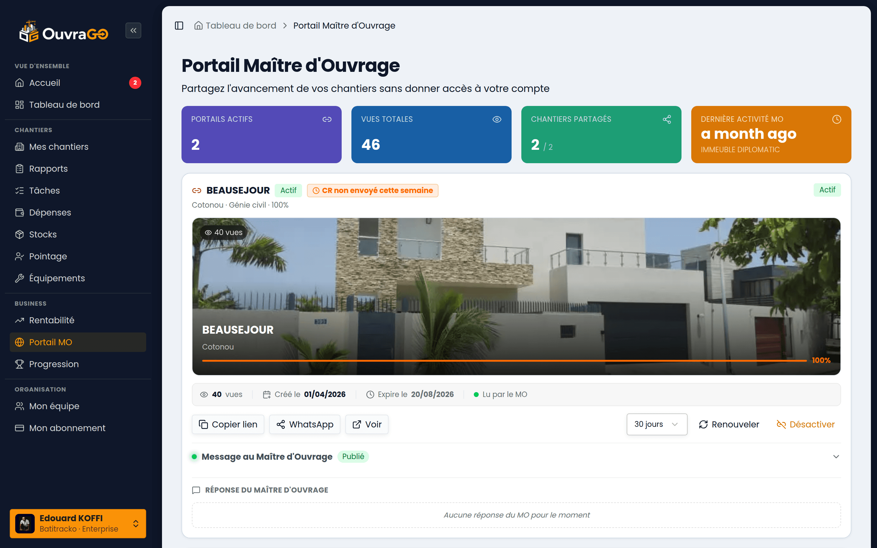 Portail Maître d'Ouvrage, suivi de chantier partagé au client